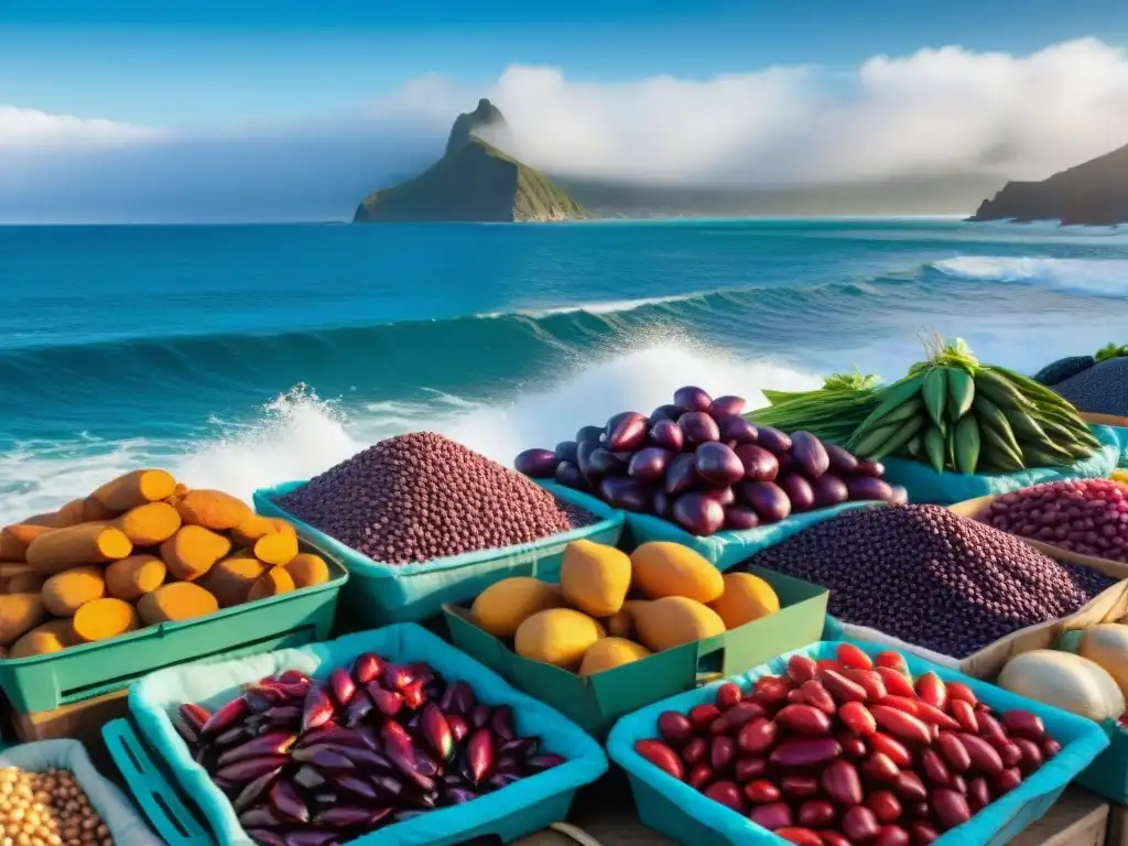 Mercado costeño peruano con ingredientes autóctonos vibrantes y vendedores locales en un día soleado junto al mar