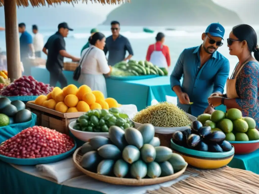 Un mercado costero bullicioso en el norte de Perú, con puestos coloridos de frutas exóticas y mariscos frescos