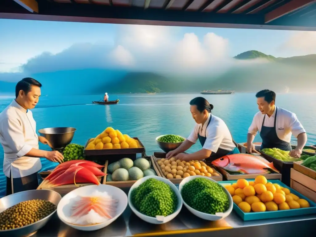 Un mercado costero bullicioso fusionando sabores Nikkei y técnicas culinarias japonesas