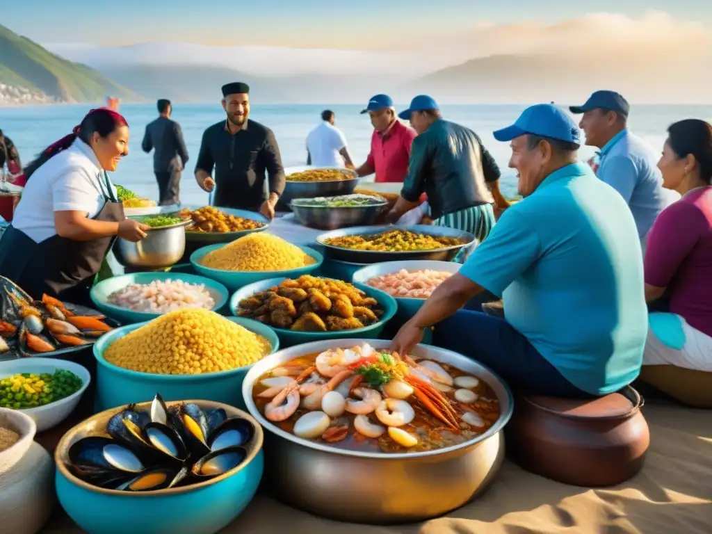 Un mercado costero peruano bullicioso, con mariscos frescos y locales preparando Arroz con Mariscos receta tradicional