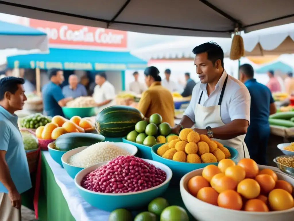 Mercado costero peruano bullicioso con cocina peruana tradicional y fusiones en primer plano