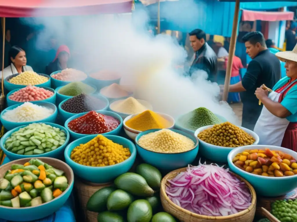 Un mercado costero peruano durante la Fiesta de San Pedro y San Pablo, mostrando la preparación de platos tradicionales