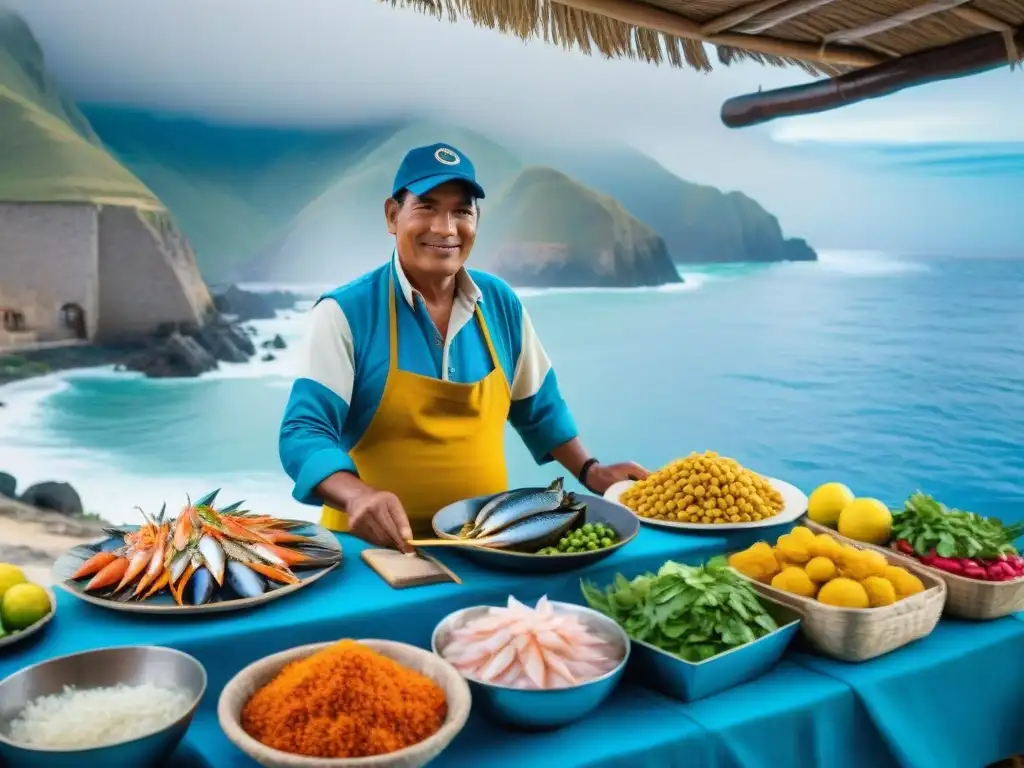 Un mercado costero vibrante en Perú, rebosante de locales en trajes tradicionales vendiendo mariscos frescos, frutas y verduras