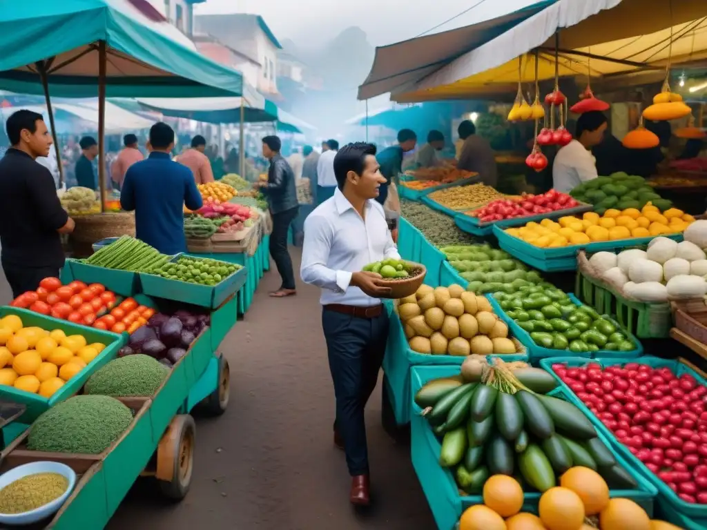 Un mercado culinario bullicioso en Barranco, Perú, lleno de colores vibrantes y productos frescos