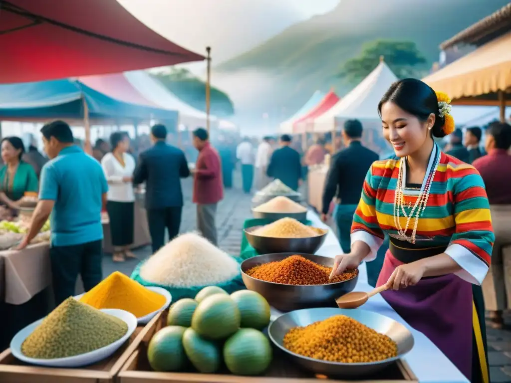 Vivid mercado del Festival Gastronómico Nikkei Lima con comida peruana y japonesa, chef preparando plato fusión y danza tradicional