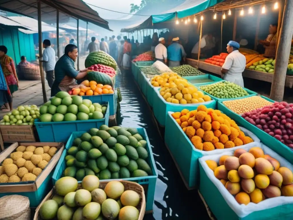 Un mercado gastronómico bullicioso en Iquitos, Perú, con frutas exóticas, pescado fresco y vendedores en trajes tradicionales