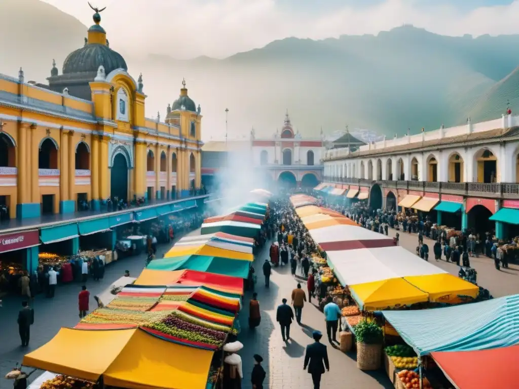 Un mercado gastronómico en Lima con coloridos puestos de comida y emprendedores de Startups de alimentos en Perú