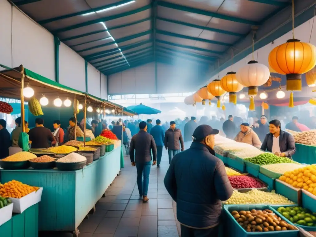 Mercado gastronómico en Lima con platos tradicionales peruanos como ceviche, lomo saltado y causa rellena