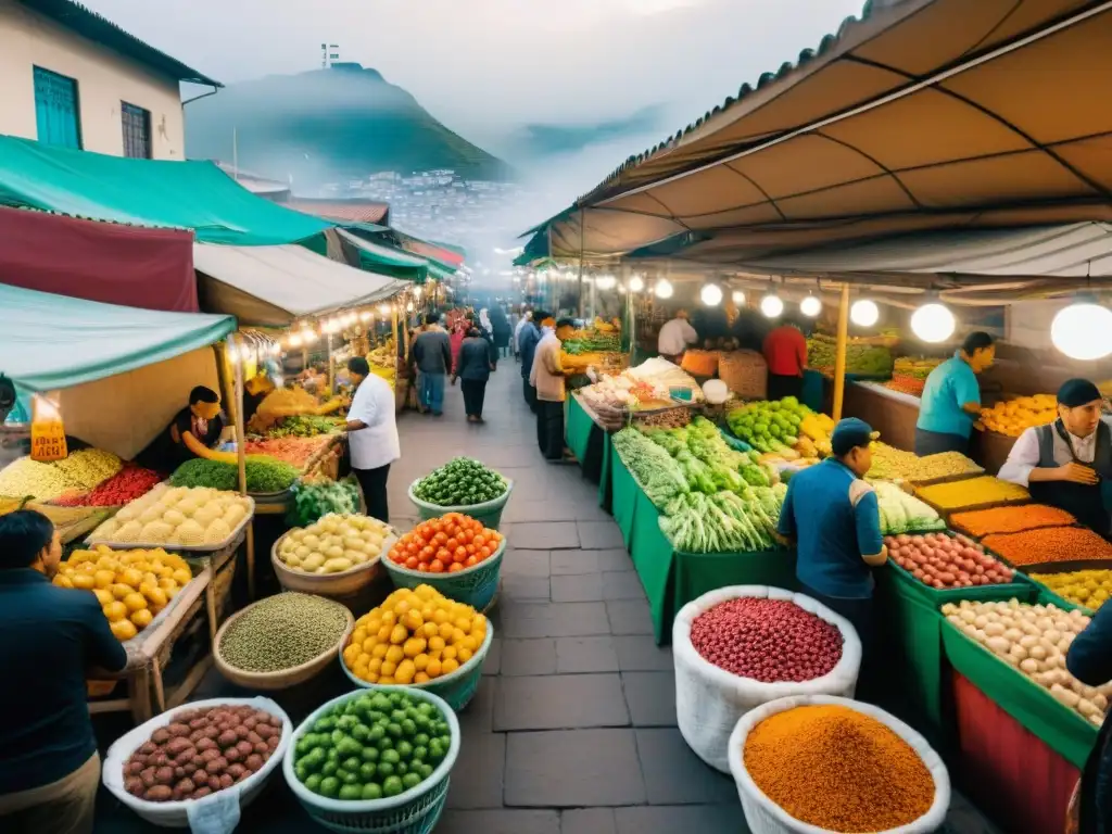 Mercado gastronómico en Lima, Perú: vibrante escena con chefs, clientes y colorida variedad de productos locales