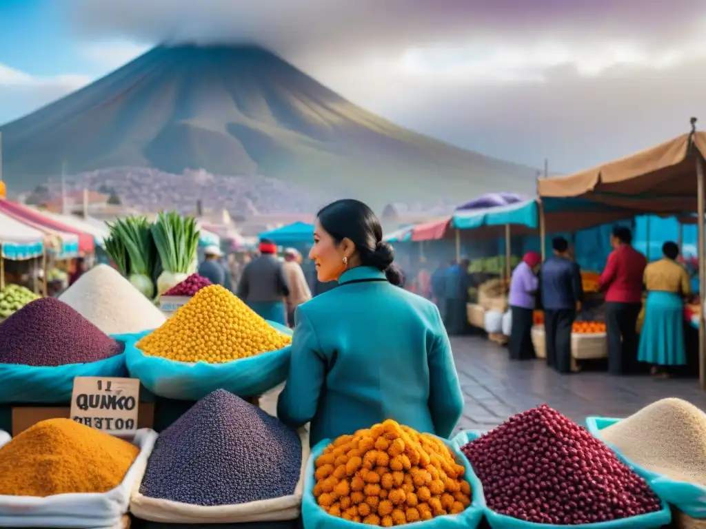 Vivid mercado en Arequipa con ingredientes tradicionales peruanos y el volcán Misti de fondo, fusionando gastronomía peruana tradicional y moderna