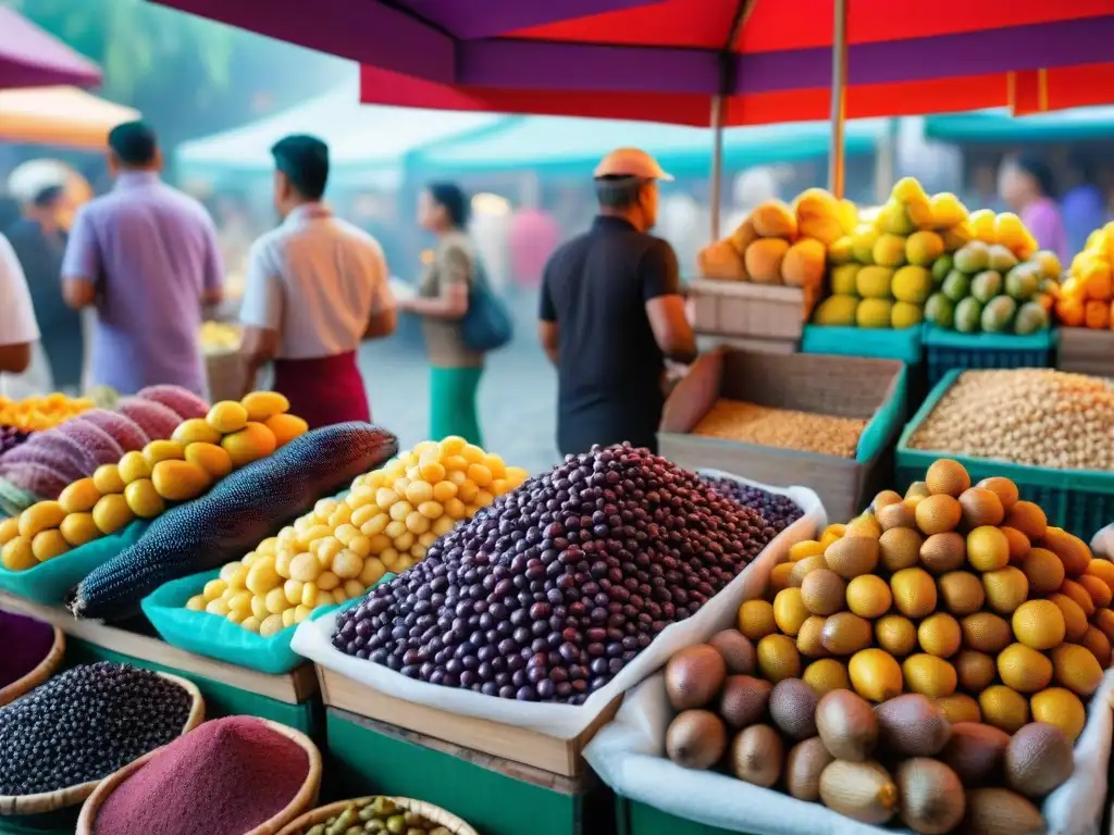 Un mercado internacional bullicioso con ingredientes para preparar chicha morada