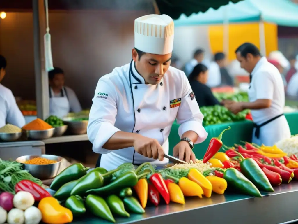 Un mercado internacional bullicioso con ingredientes peruanos frescos y un chef preparando ceviche en Segundo Muelle cocina peruana mundial