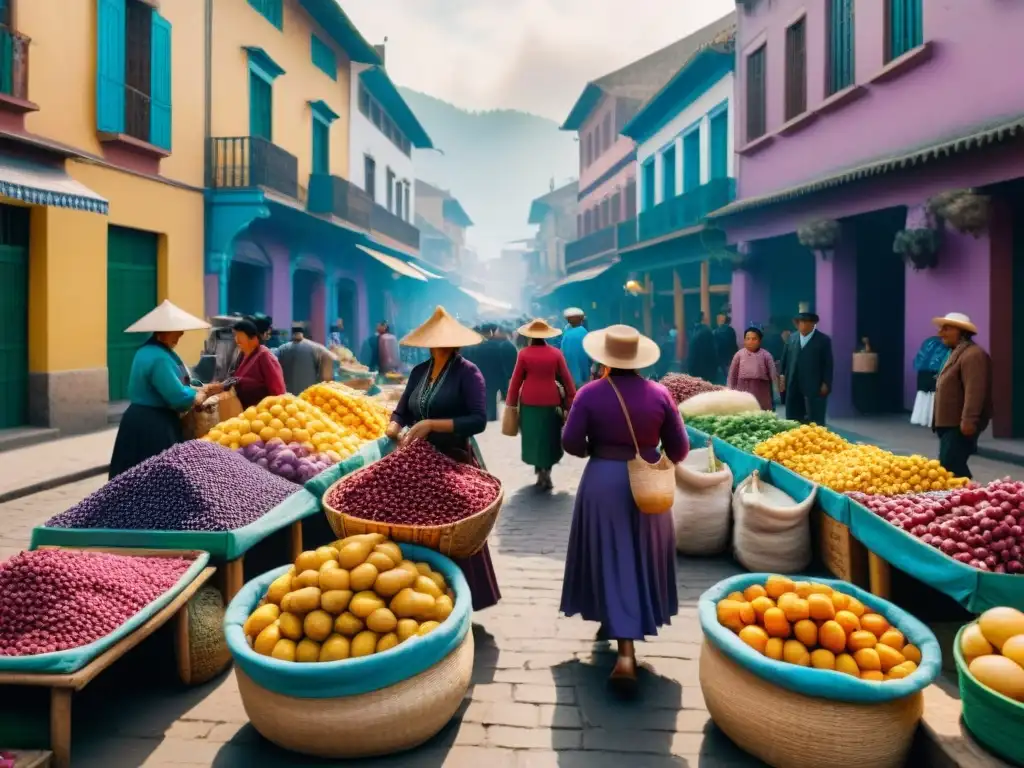 Fotografía de mercado limeño en los años 1900, con productos frescos y mujeres peruanas en coloridos trajes