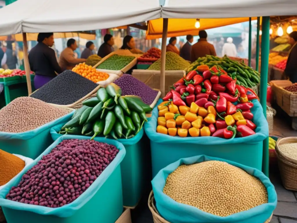 Un mercado limeño bullicioso exhibe ingredientes peruanos tradicionales y contemporáneos