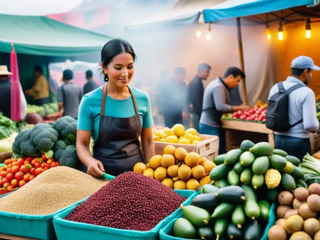 Mercado lleno de vida en Lima, Perú, con puestos coloridos rebosantes de frutas y verduras únicas de la región