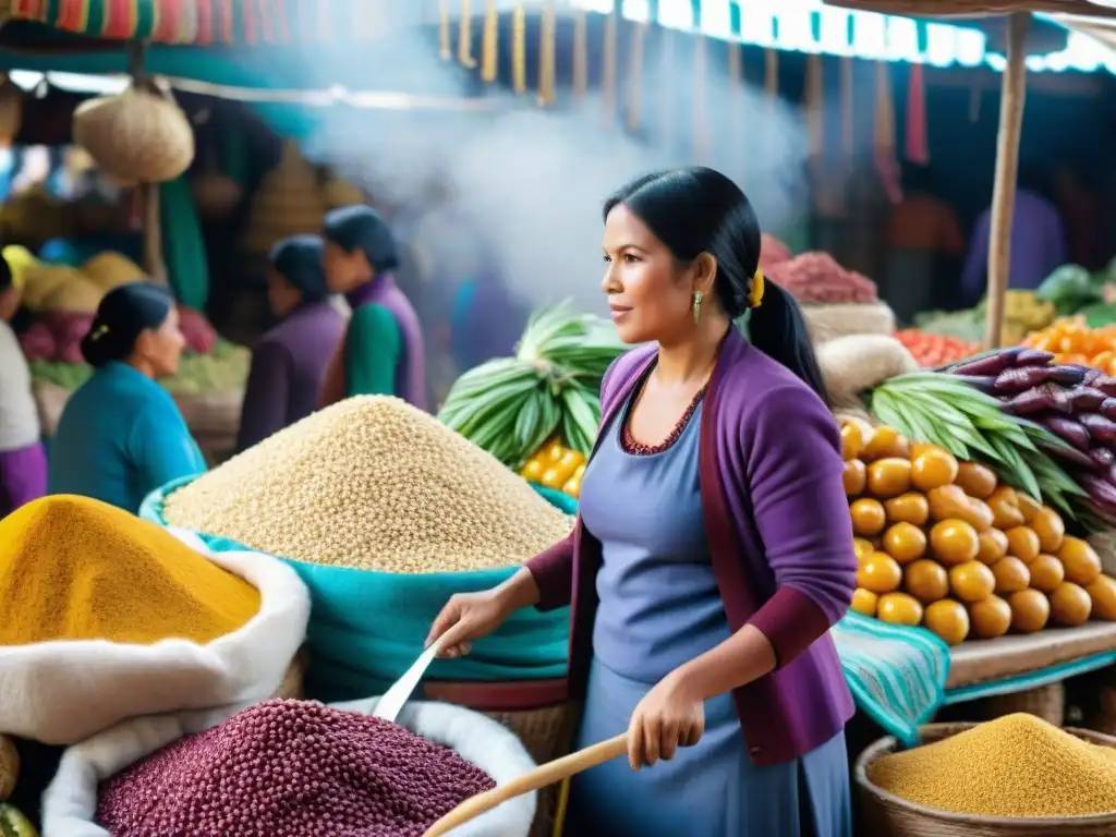 Un mercado local bullicioso en Perú, lleno de colores vibrantes y productos frescos como maíz morado, fruta de lúcuma, ají amarillo y granos de quinua