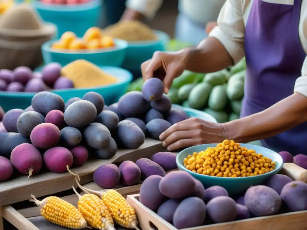 Un mercado local bullicioso en Perú, lleno de colores vibrantes y una diversidad de ingredientes autóctonos en puestos de madera