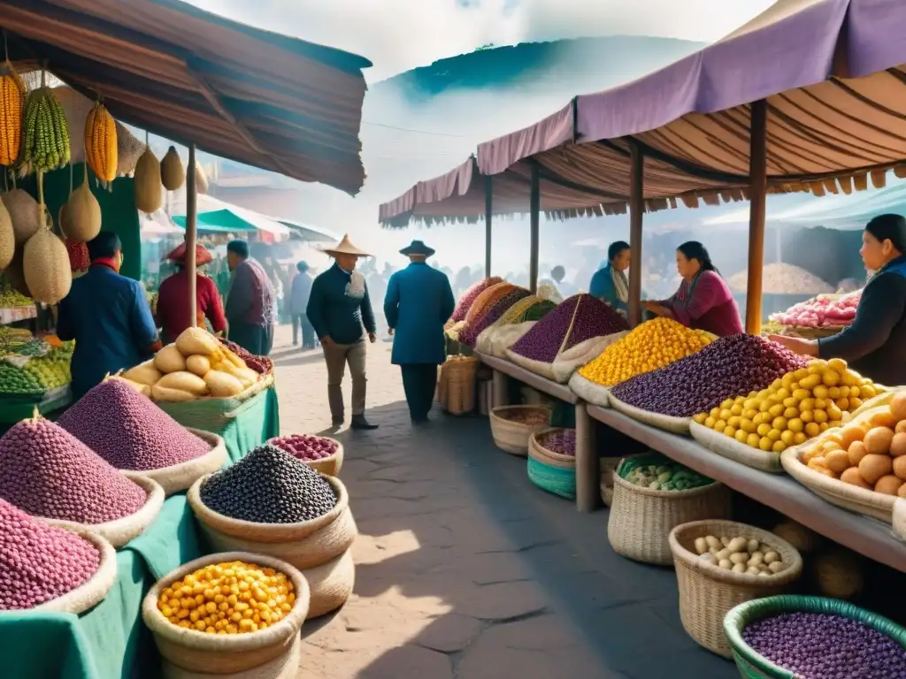 Un mercado local bullicioso en Lima, Perú, con ingredientes autóctonos vibrantes como maíz morado, ajíes y papas de colores