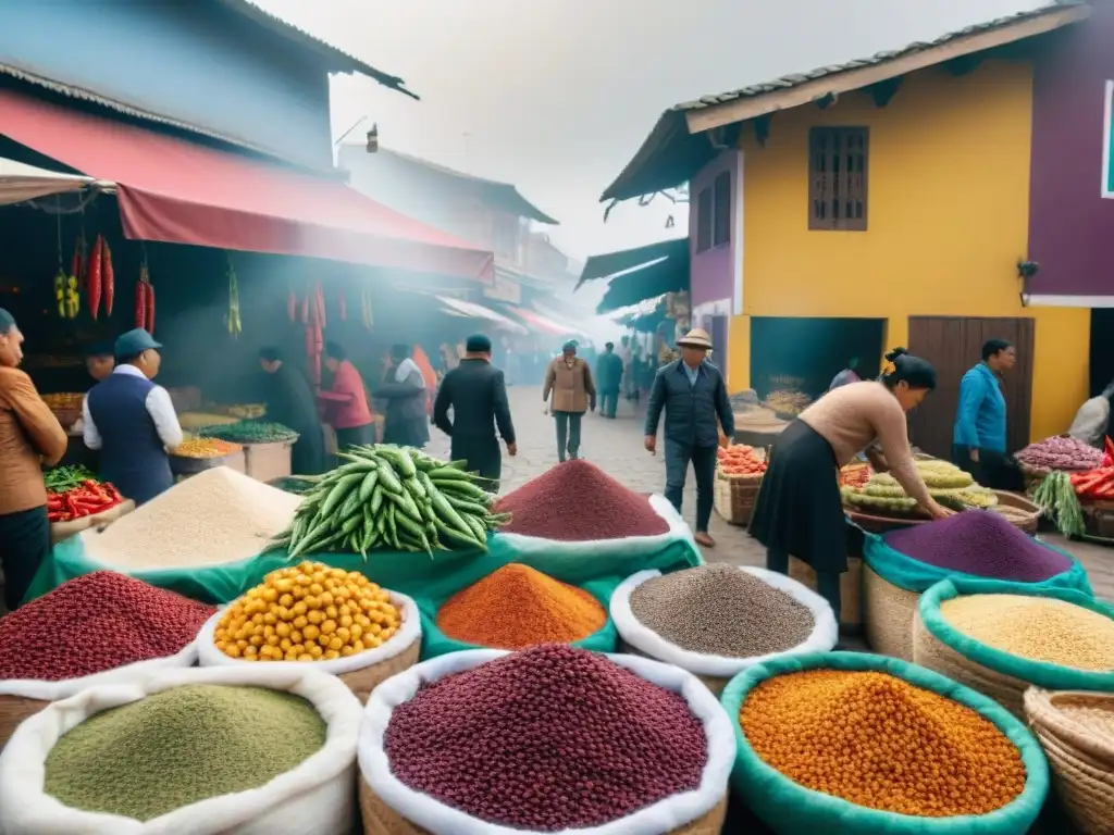 Un mercado local bullicioso en Lima, Perú, con ingredientes tradicionales peruanos vibrantes