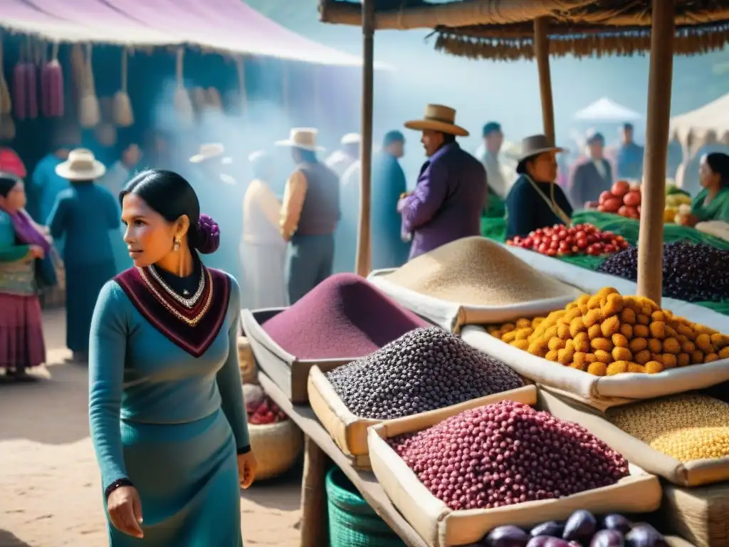 Un mercado local bullicioso en Perú con ingredientes autóctonos coloridos