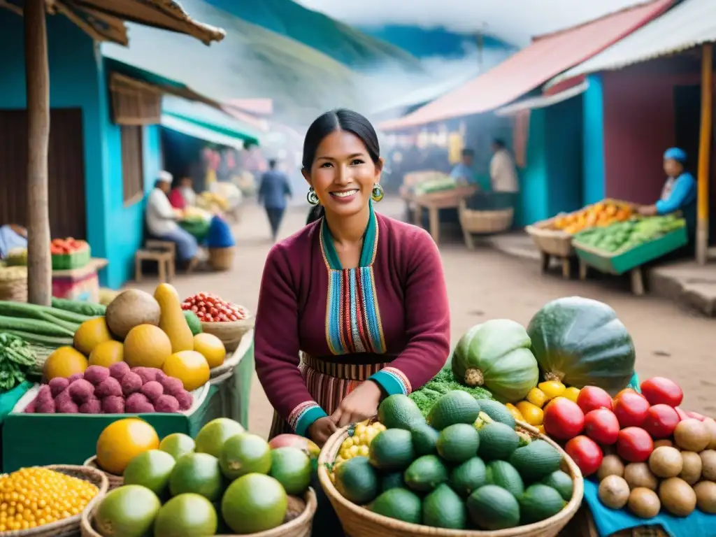 Un mercado local bullicioso en Perú, lleno de coloridas frutas, verduras e ingredientes tradicionales