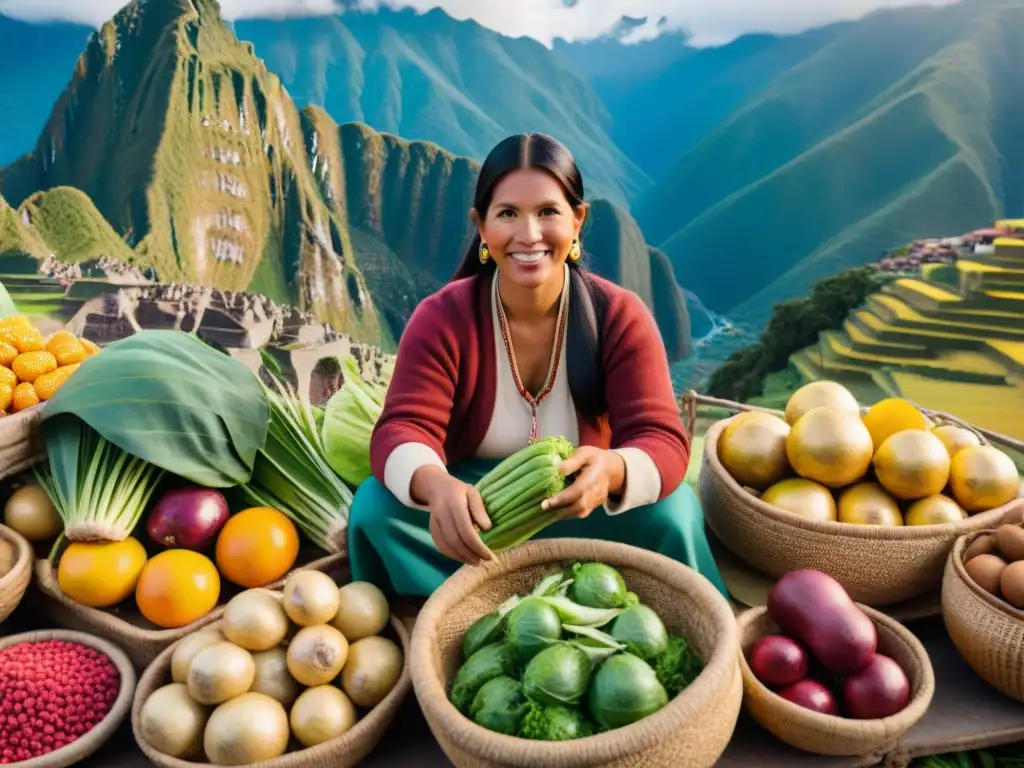 Un mercado local bullicioso en Perú, rebosante de frutas y verduras coloridas y únicas