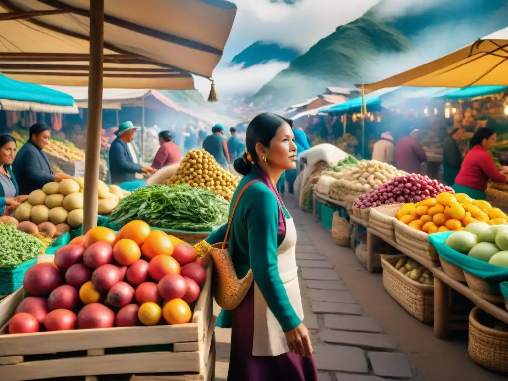 Un mercado local en Perú rebosante de colores y ingredientes autóctonos, reflejando la riqueza de la gastronomía peruana