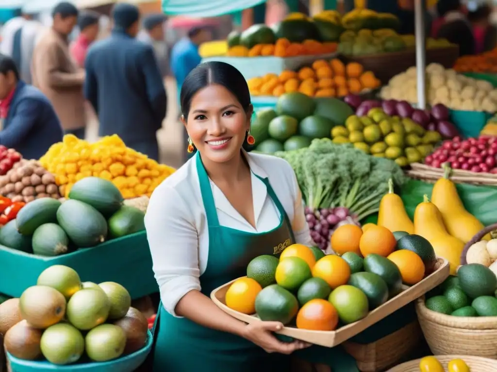 Un mercado local en Perú rebosante de colores y sabores, reflejando la autenticidad de la gastronomía peruana