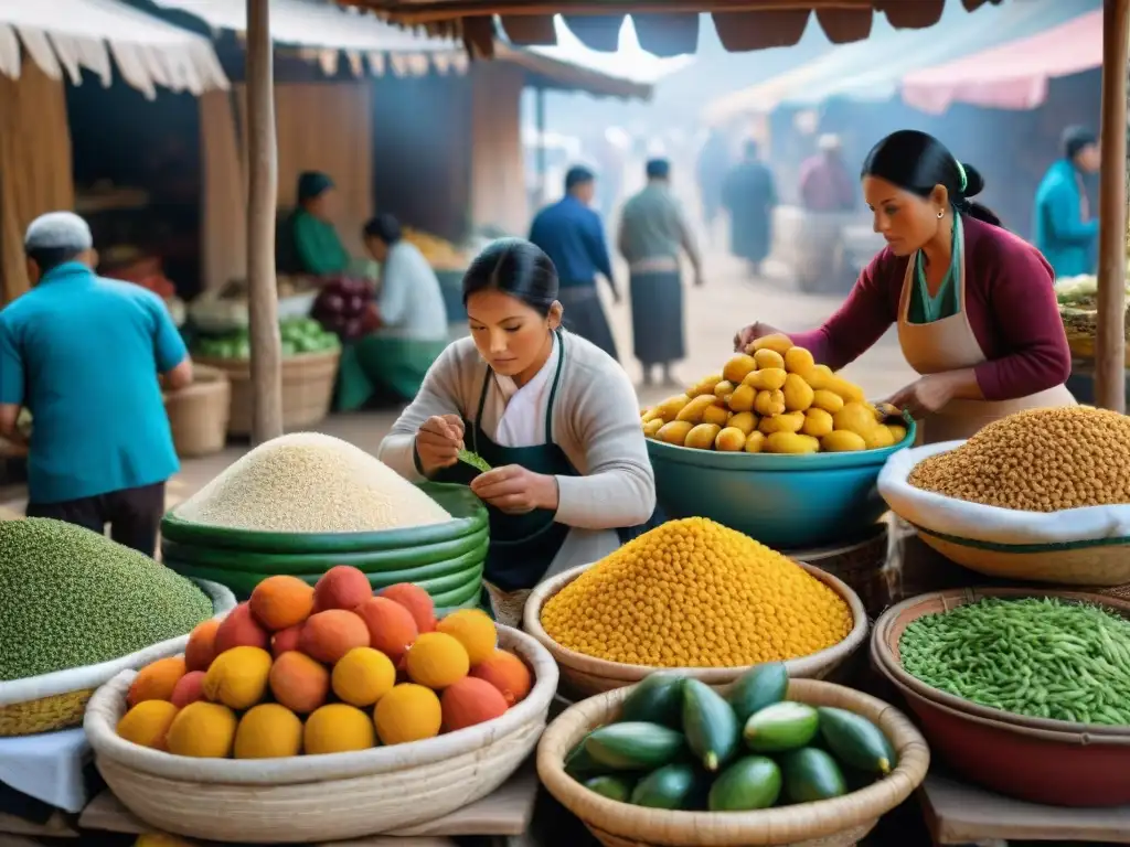 Un mercado local en Perú lleno de colores vibrantes y ingredientes únicos para la receta arroz pato chiclayana