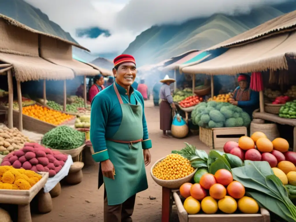 Mercado local en Perú con ingredientes locales y biodiversidad, reflejando la gastronomía peruana