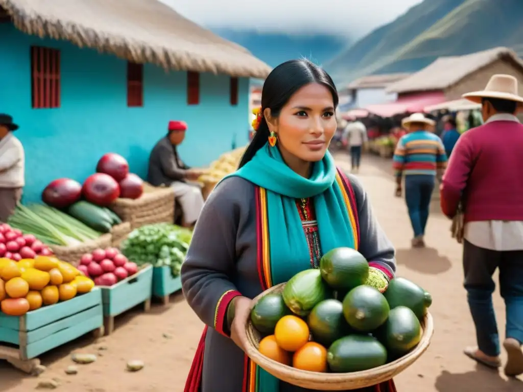 Mercado local en Perú, festival Pachamanca gastronomía peruana, puestos coloridos y artesanos locales