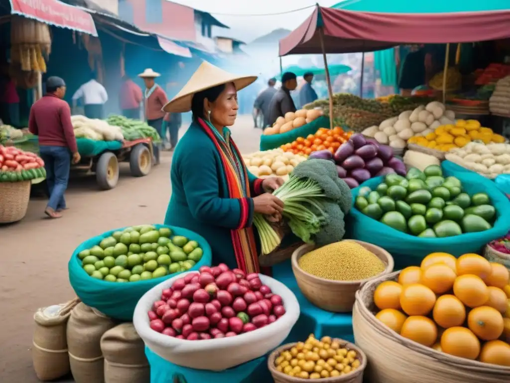 Un mercado local peruano rebosante de vida, con coloridos puestos de comida y vendedores interactuando con clientes