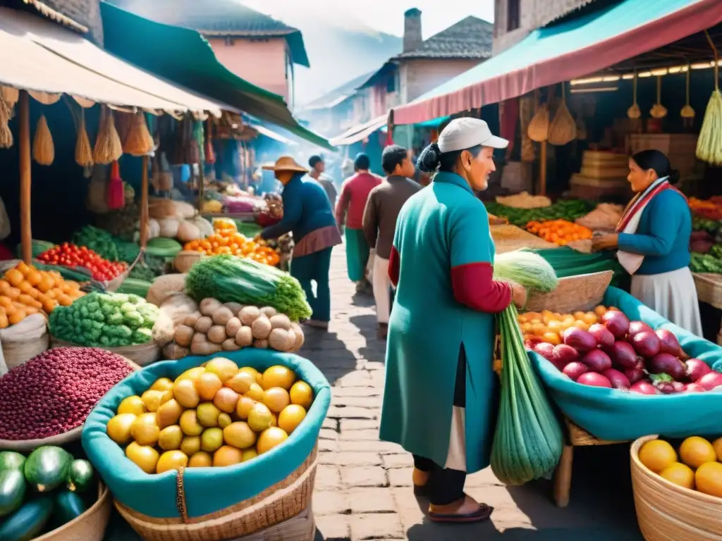 Un mercado local peruano rebosante de coloridas frutas, verduras y productos tradicionales, donde los vendedores interactúan con los clientes