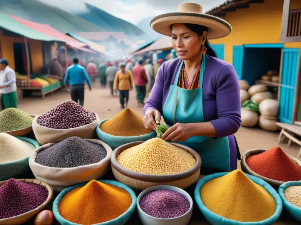 Un mercado local en Perú con productos autóctonos de vibrantes colores y cultura