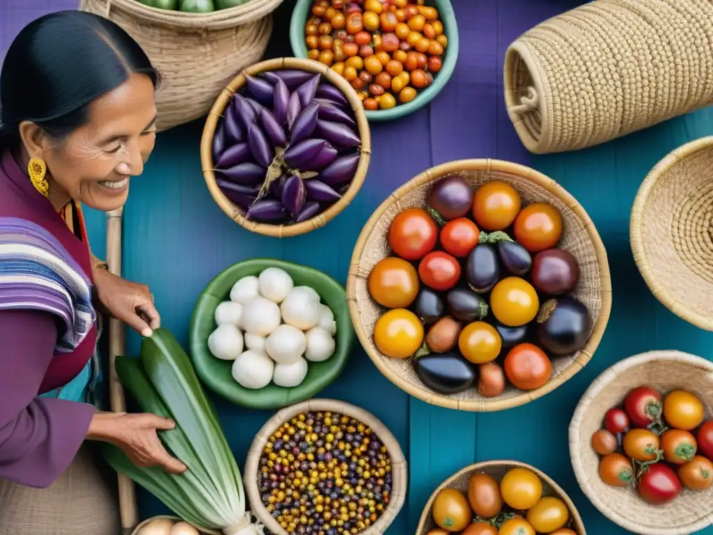 Un mercado local en Perú con productos frescos y coloridos, donde agricultores indígenas promueven la cocina sostenible