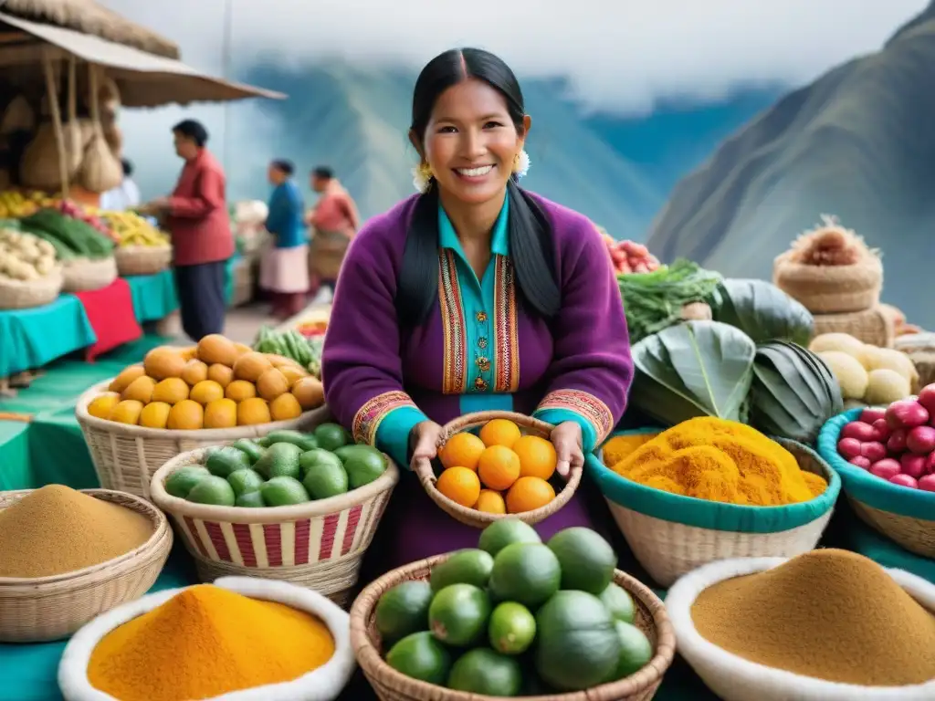 Un mercado local vibrante y bullicioso en Perú, lleno de ingredientes autóctonos para la cocina peruana