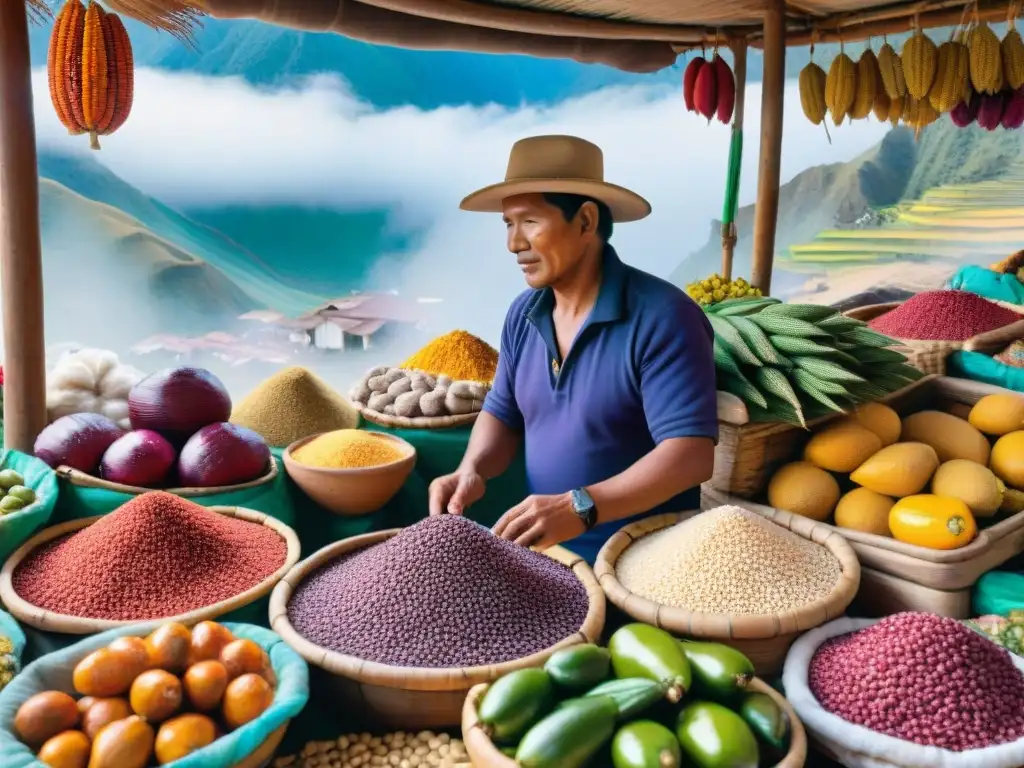 Un mercado local vibrante en Perú con ingredientes autóctonos, vendedores y clientes, resaltando la cocina peruana