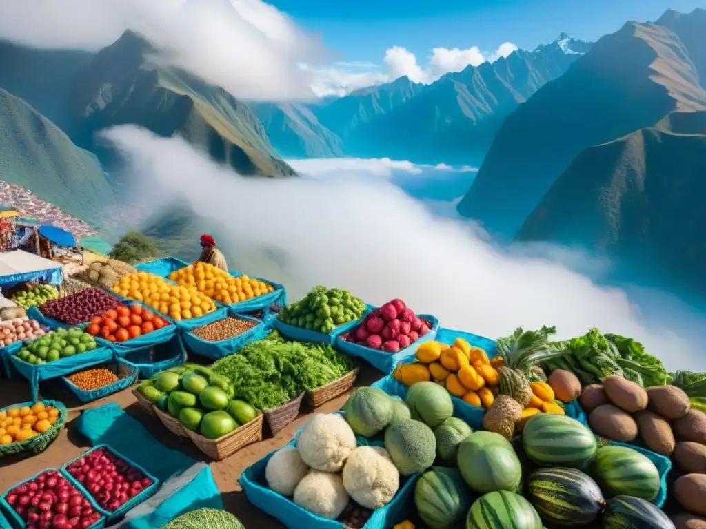 Mercado vibrante en Perú: colores, sabores y tradición Un mercado local vibrante en Perú ofrece ingredientes frescos para la cocina peruana