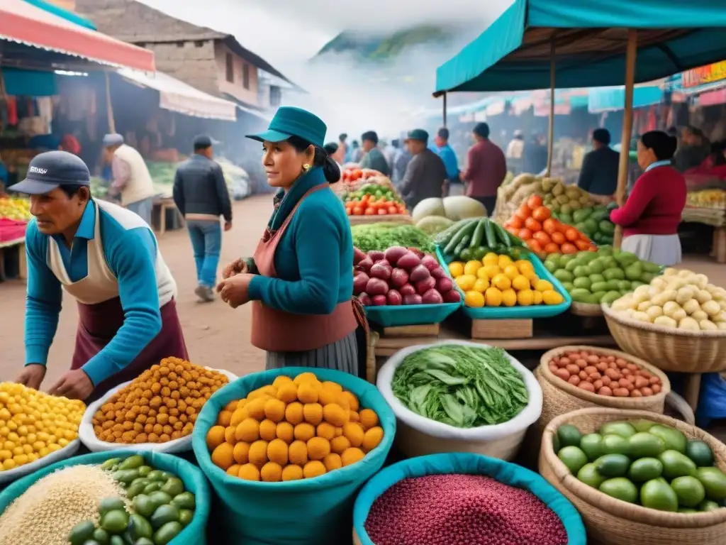 Un mercado local vibrante en Perú, lleno de coloridos productos frescos y vendedores ataviados con trajes tradicionales