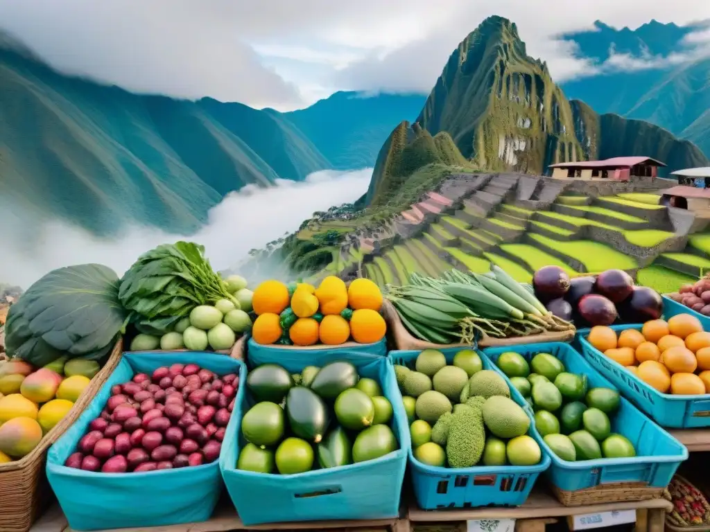 Un mercado local vibrante en Perú con Gastronomía peruana ingredientes autóctonos