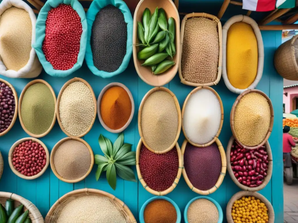 Un mercado local vibrante en Perú, con puestos coloridos rebosantes de productos frescos, destacando la quinoa en cestas tejidas