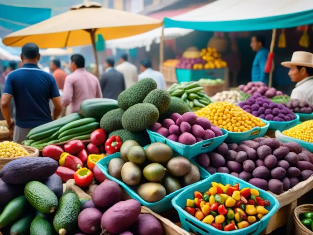 Un mercado local en Perú rebosante de vida y color, con una variedad vibrante de vegetales frescos