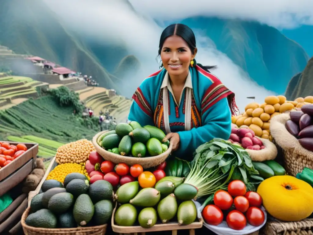 Un mercado local en Perú rebosante de vida y colores, con vegetales frescos y variados en puestos de madera bajo el cálido sol sudamericano