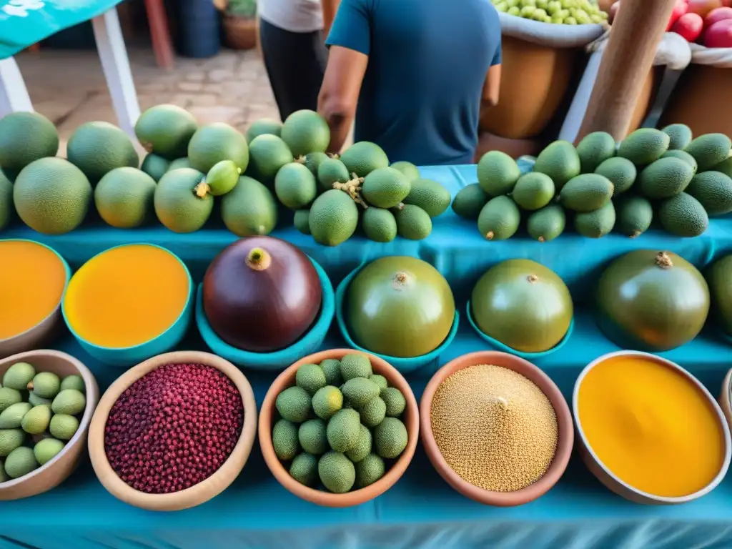 Un mercado local en Perú rebosante de vida, con frutas frescas y especias coloridas