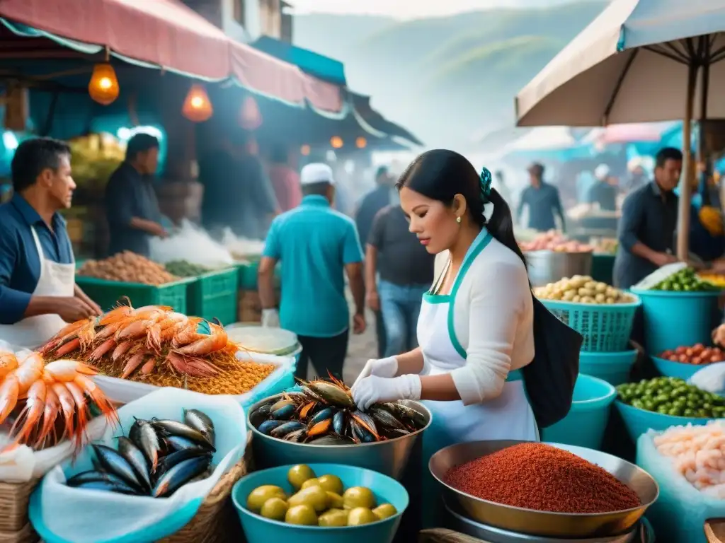 Un mercado de mariscos peruano vibrante con una variedad de mariscos frescos y coloridos, en una escena bulliciosa y auténtica