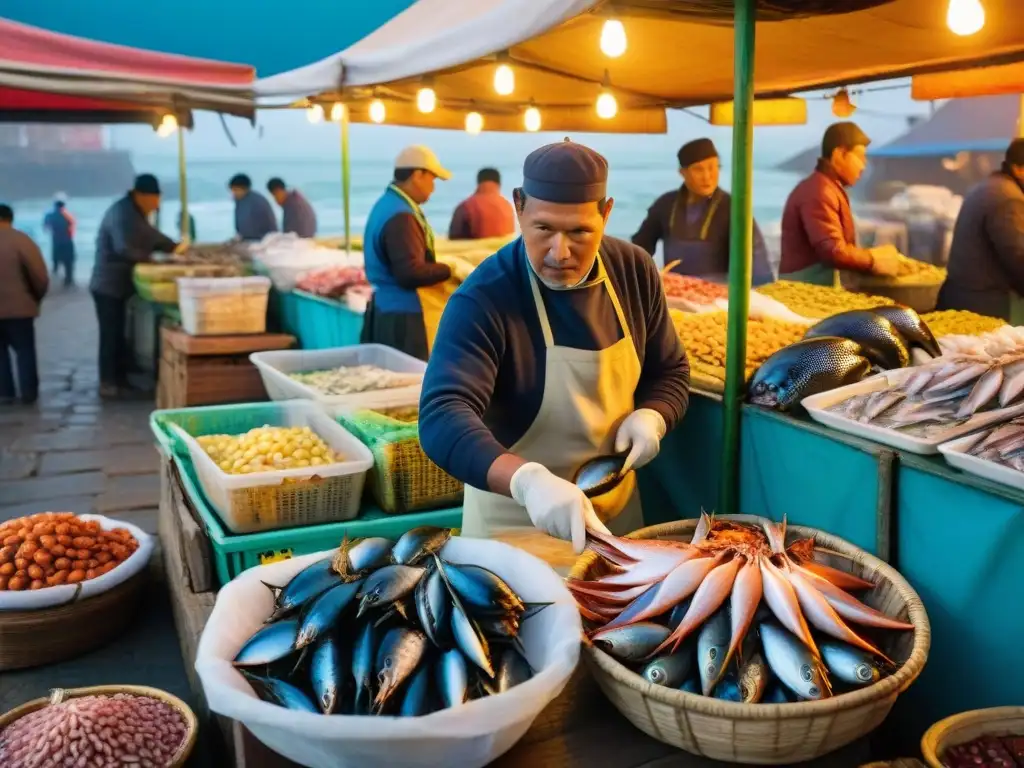 Un mercado de mariscos en Lima con puestos de colores y clientes examinando delicias marinas