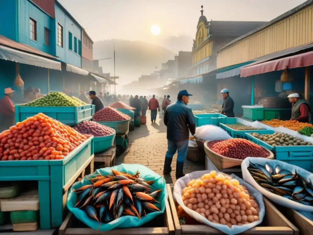 Un mercado de mariscos vibrante en Lima, con pescadores locales descargando capturas frescas