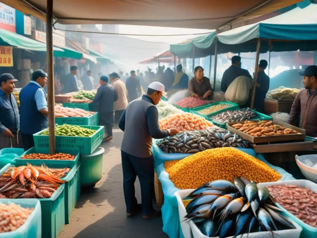 Un mercado de mariscos en San Pedro, Lima, muestra la vibrante vida y colores de la gastronomía peruana mariscos costa peruana