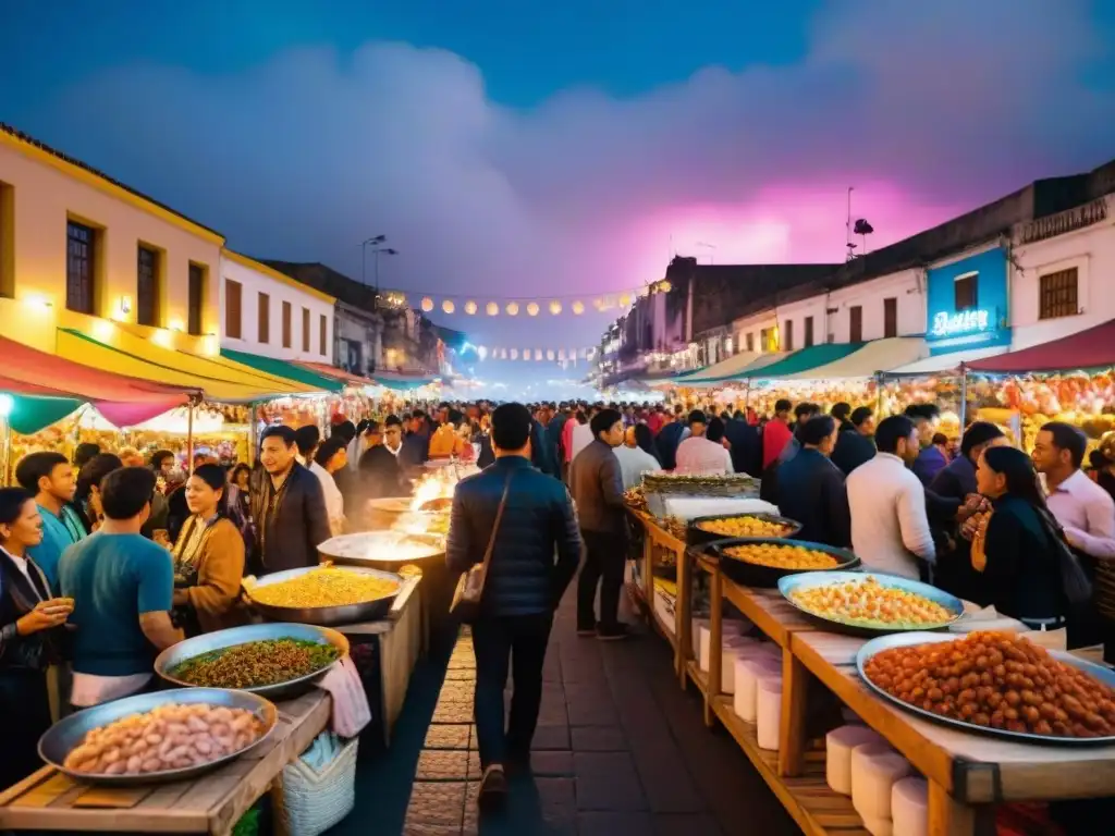 Un mercado nocturno bullicioso en Lima, Perú, iluminado por luces coloridas, con vendedores ofreciendo delicias peruanas