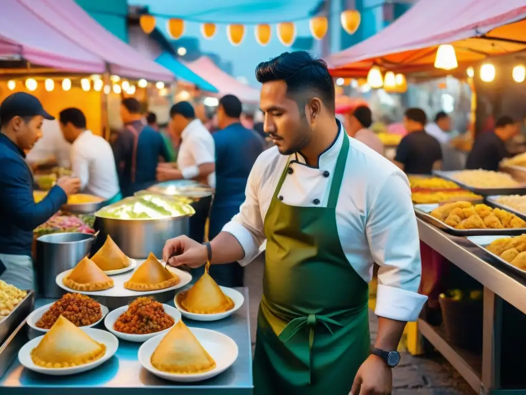 Un mercado nocturno bullicioso en Lima, Perú, con puestos de comida y clientes animados